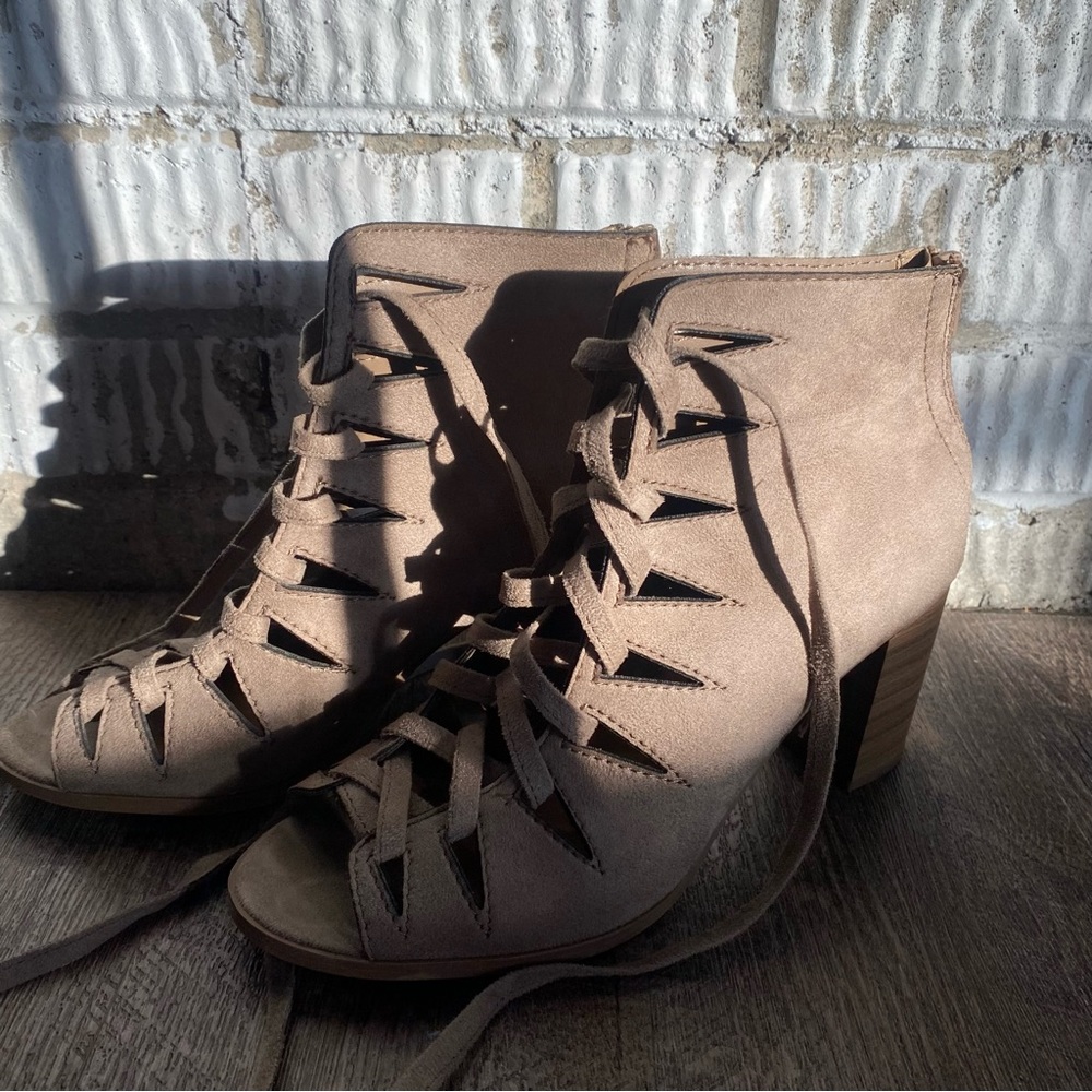 Soda Taupe Lace Up Heels